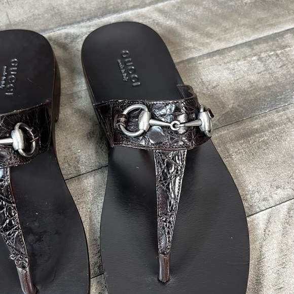 GUCCI Horsebit Thongs Sandals In Brown Crocodile  Leather Men’s Sz 12 - Picture 5 of 5